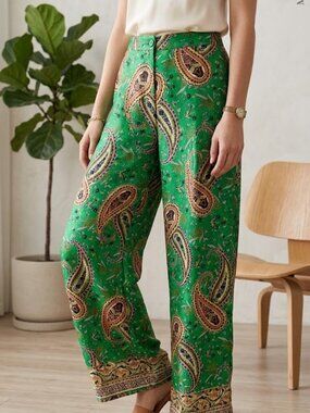 Zara Green Paisley Wide Leg Pants Medium Boho Resort Coastal Vacation Flowy
